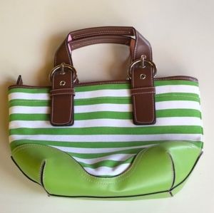 Roxy Lime Green and White Striped Tote with Brown Handles